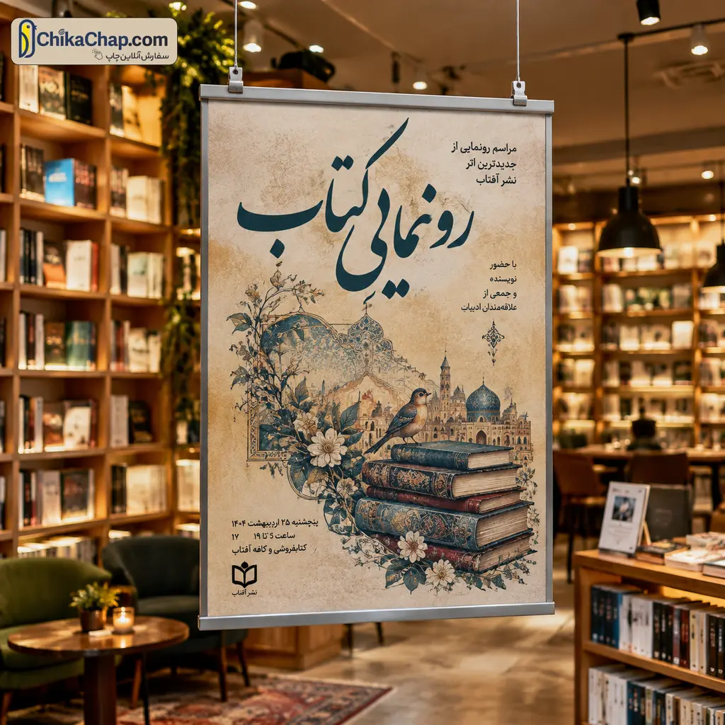 آویز تبلیغاتی رونمایی کتاب در فضای دکوراتیو کتاب&zwnj;فروشی